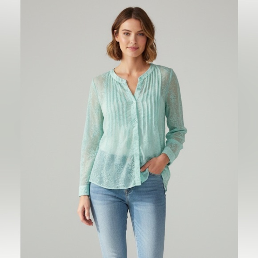 Chico’s Kaydence Sheer Mint Embroidered pleated button front top size 1/medium